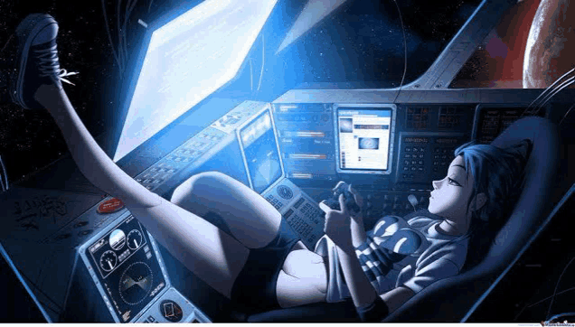 a girl is laying in the cockpit of a space ship looking at her phone