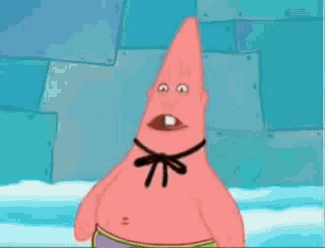 patrick star from spongebob squarepants is wearing a black tie and a bow tie .