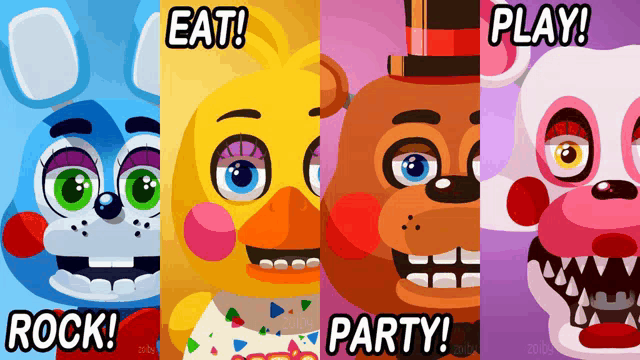 five nights at freddy 's characters with the words eat play rock and party written on them