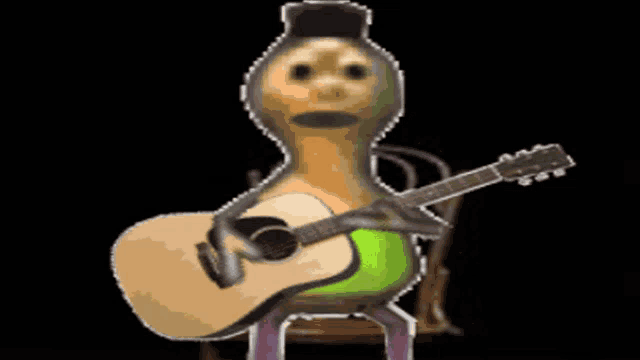 a cartoon character is holding an acoustic guitar in a dark room