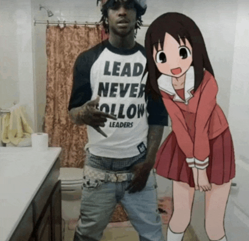 a man wearing a shirt that says lead never follow leaders stands next to a girl