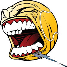 a cartoon drawing of a screaming smiley face with its mouth open