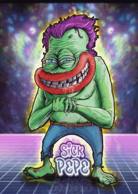 a cartoon of a green monster with purple hair and the words sick pepe