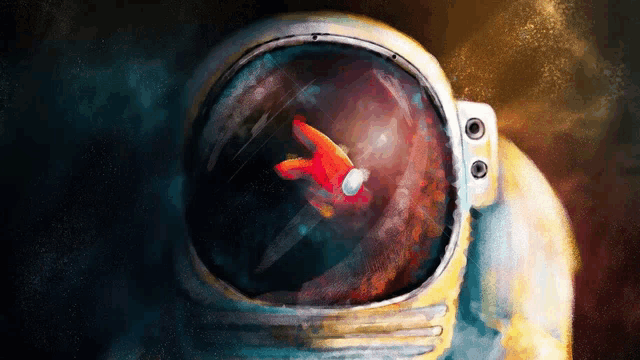 a painting of an astronaut with a red object in the window