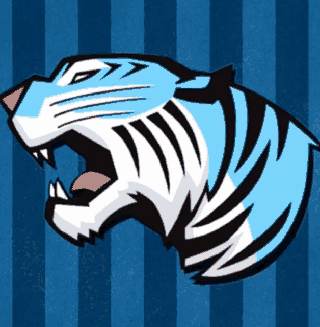 a blue and white tiger 's head with its mouth open