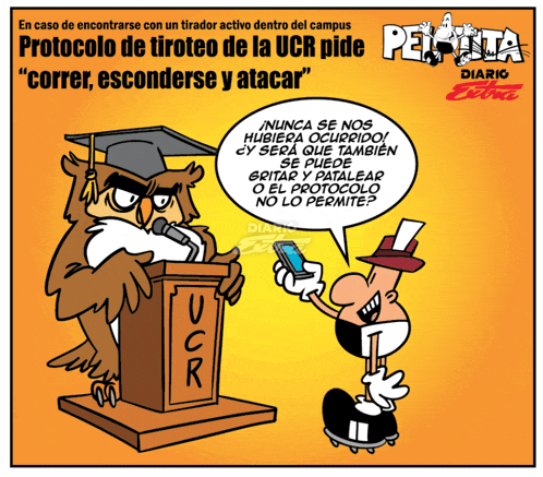 a cartoon of an owl standing at a podium with the words protocolo de tiroteo de la ucr pide