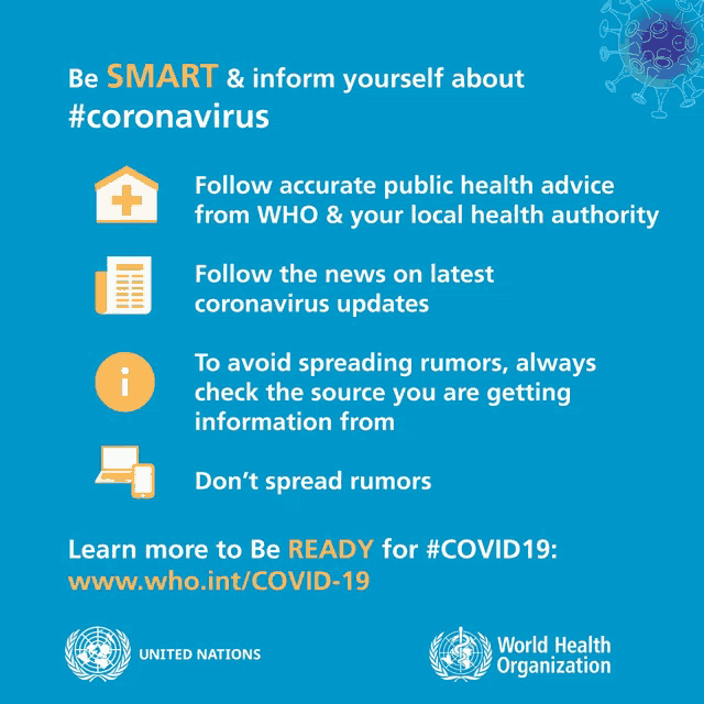 a blue poster from the world health organization advising people to be smart and inform themselves about #coronavirus