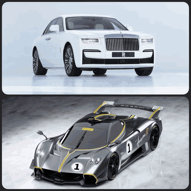 a white rolls royce and a grey pagani r1