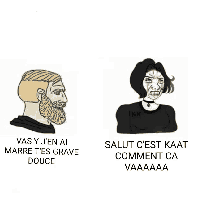 a cartoon of a man with a beard and a woman with a choker