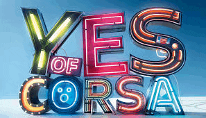 a neon sign that says yes of corsa on a blue background