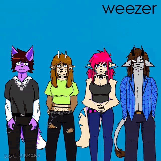 a drawing of four furry characters standing next to each other with weezer written on the top