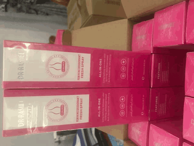 boxes of dr rashel feminine deodorant fresh spray are stacked on top of one another