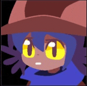 a cartoon character with blue hair and yellow eyes wearing a hat