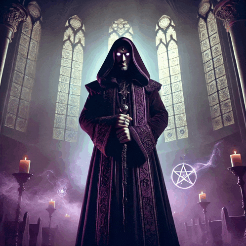 a man in a hooded robe stands in a dark room with candles and a pentagram in the background