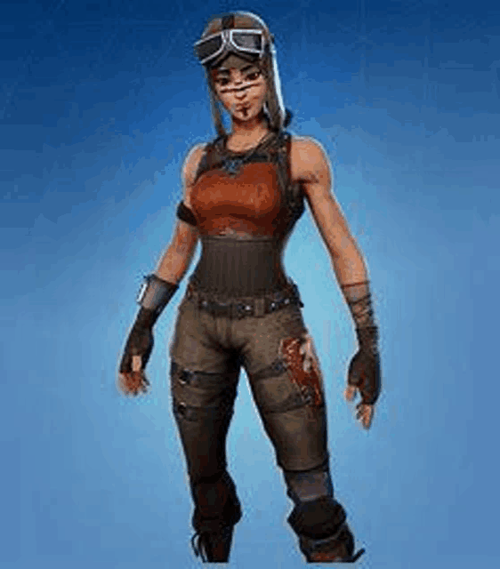 a woman is standing in a video game wearing a helmet and goggles .