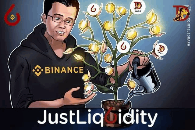 a cartoon of a man watering a plant with binance written on it