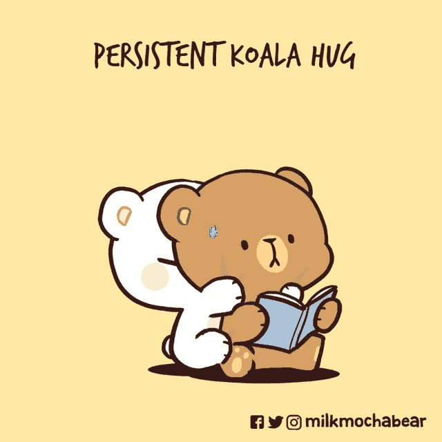 a cartoon of a bear reading a book with the words " persistent koala hug " above it