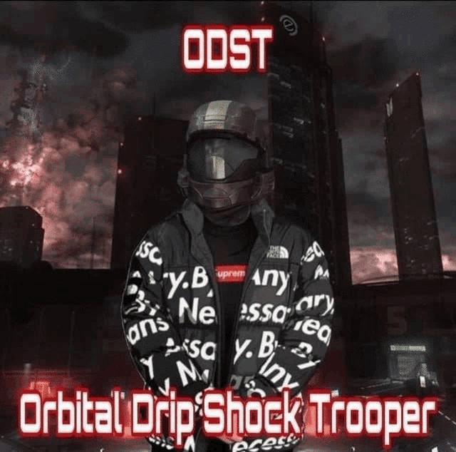 a poster for orbital drip shock trooper shows a man wearing a helmet