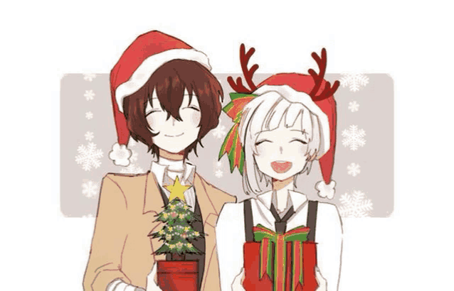 a couple of anime characters wearing santa hats holding a christmas tree and gifts .