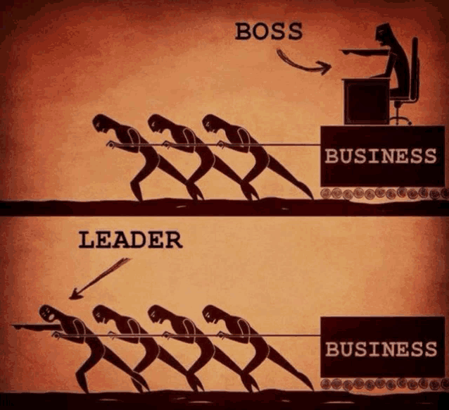 a cartoon of a boss and a leader pulling a rope