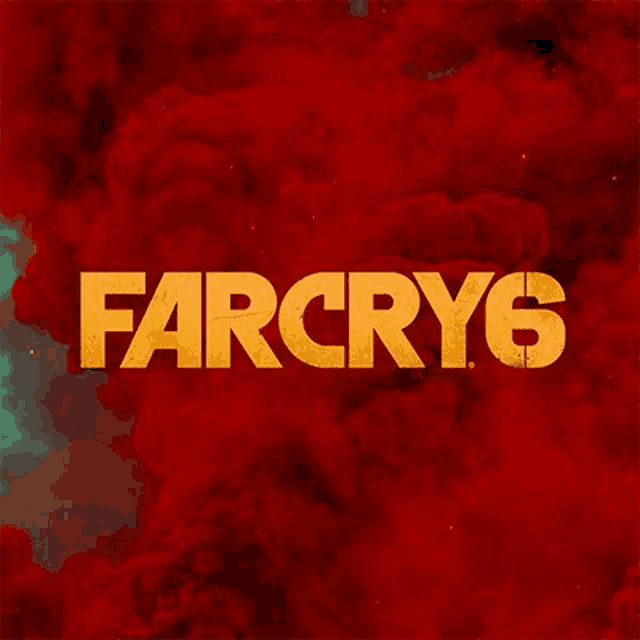 the far cry 6 logo is on a red background with red smoke coming out of it .