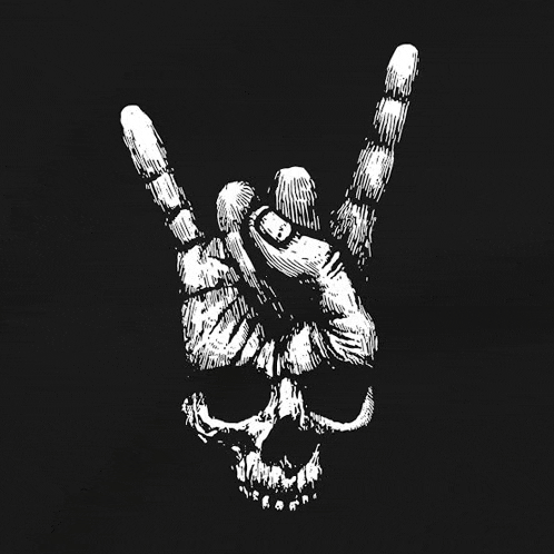 a black and white drawing of a skull with a hand making a horns sign