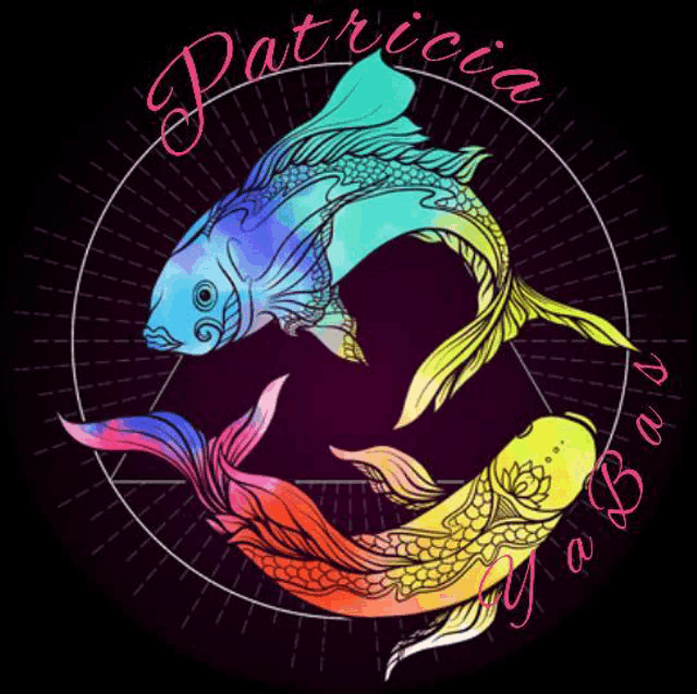 a colorful drawing of two fish in a circle with the name patricia on the bottom