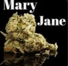 a close up of a marijuana bud on a black background with the words mary jane on it .