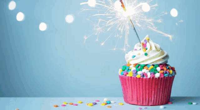 a pink cupcake with sprinkles and a sparkler on top of it .