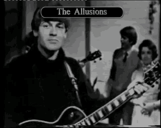 a black and white photo of a man playing a guitar with the words " the illusions " written above him