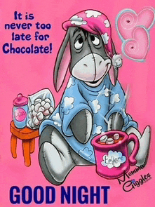 eeyore from winnie the pooh is holding a cup of hot chocolate and marshmallows