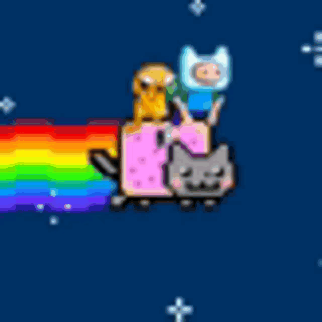 a cartoon of finn and jake riding a cat with a rainbow coming out of it 's mouth .