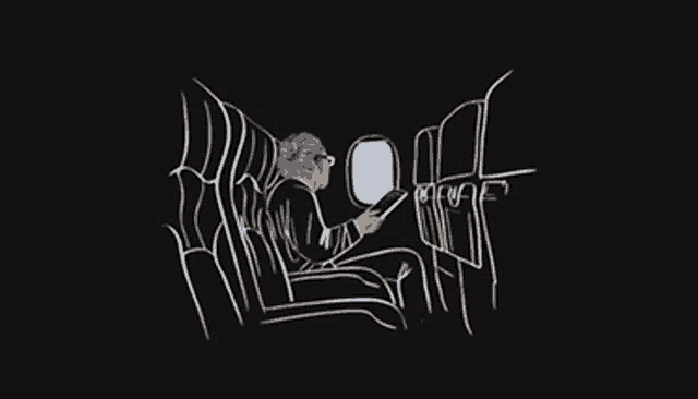 a drawing of an elderly woman sitting on an airplane looking out the window