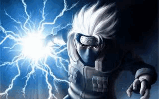 kakashi hatake from naruto is holding a lightning bolt in his hands .