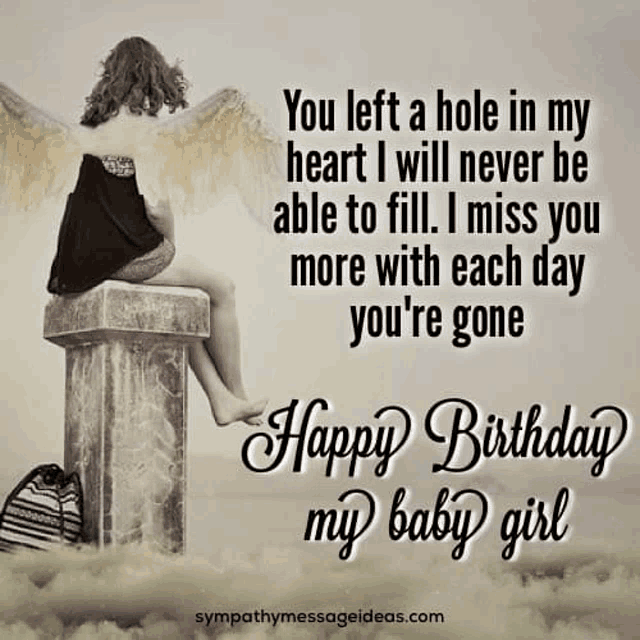 a woman with angel wings is sitting on a stone pillar with a birthday message for her