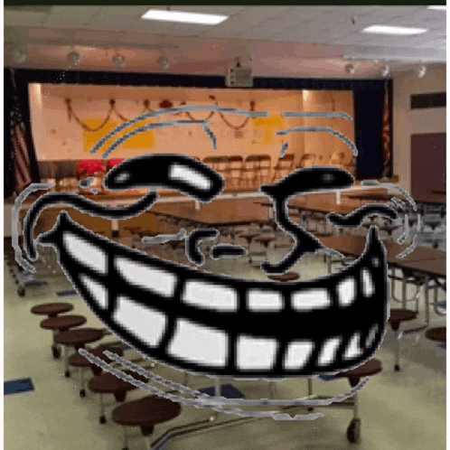 a school cafeteria with tables and chairs and a troll face