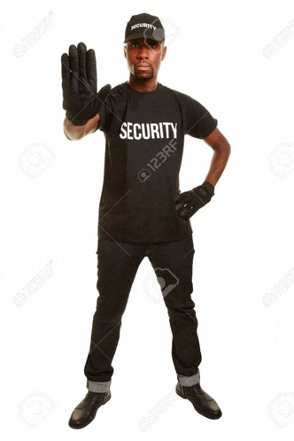 a security guard wearing a black t-shirt that says security