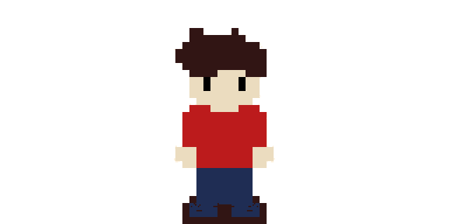 a pixel art of a man in a red shirt and blue pants standing on a white background .