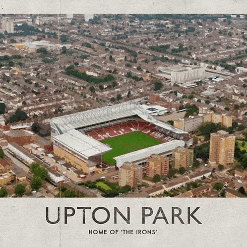 an aerial view of upton park with the words " home of the irons "