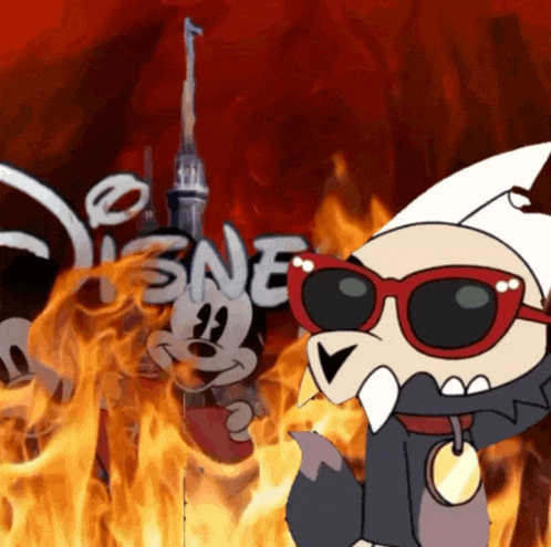 a cartoon character wearing red sunglasses is standing in front of a disney logo