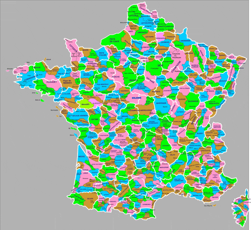 a map of france showing the provinces in pink and green