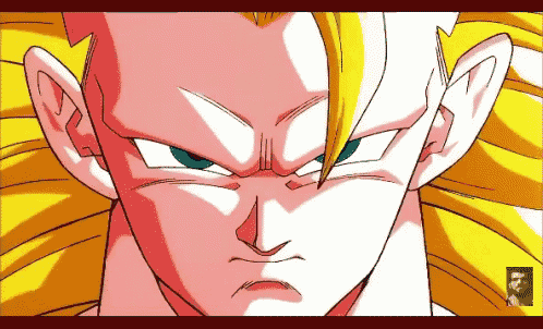 a close up of a dragon ball z character 's face with a red background