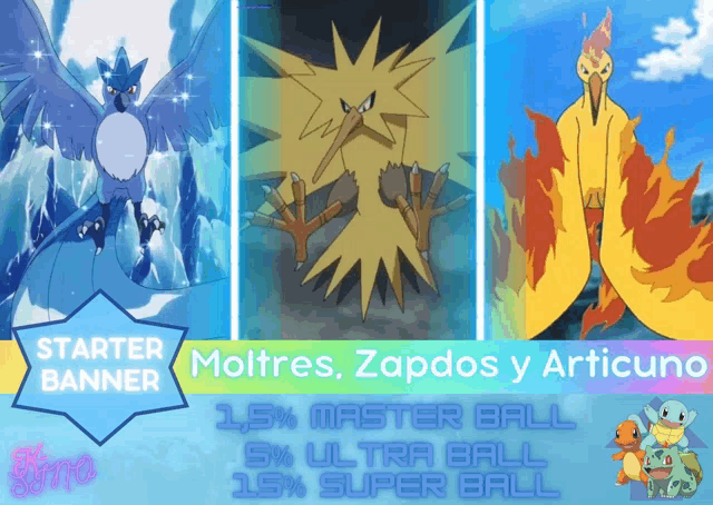 a starter banner for moltres zapdos y articuno shows three pokemon