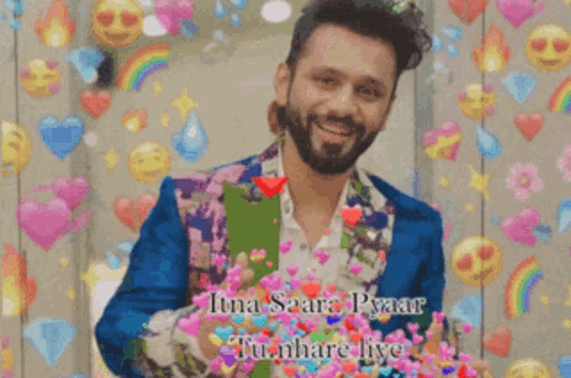 a man in a colorful suit is holding a bunch of hearts with the words " itna saara pyaar tumhare hye "