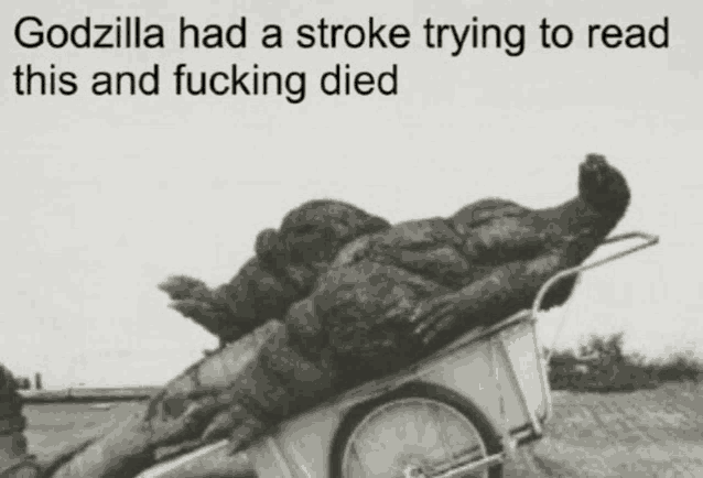 a black and white photo of a monster laying on a wheelbarrow with the caption " godzilla had a stroke trying to read this