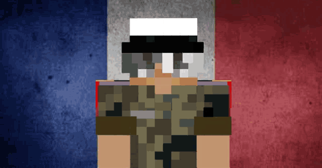 a pixel art of a soldier standing in front of a flag