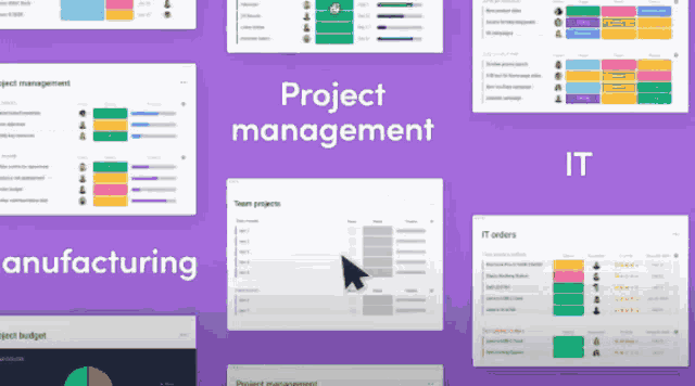 a purple background with project management it and manufacturing displayed