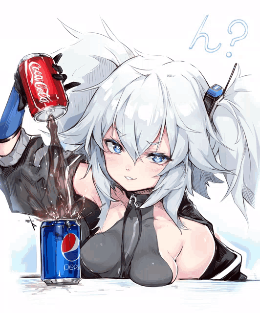 a girl pouring coca cola into a pepsi can