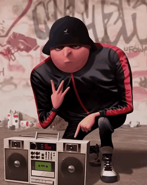 a cartoon character kneeling down with a boombox in front of a wall with graffiti on it