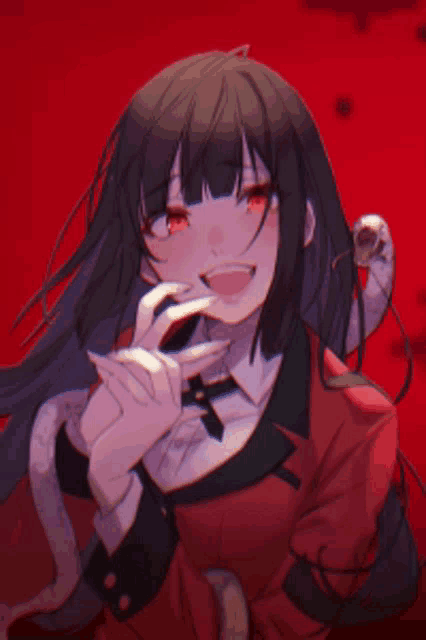 a girl with long black hair and red eyes is holding a snake in her hand .